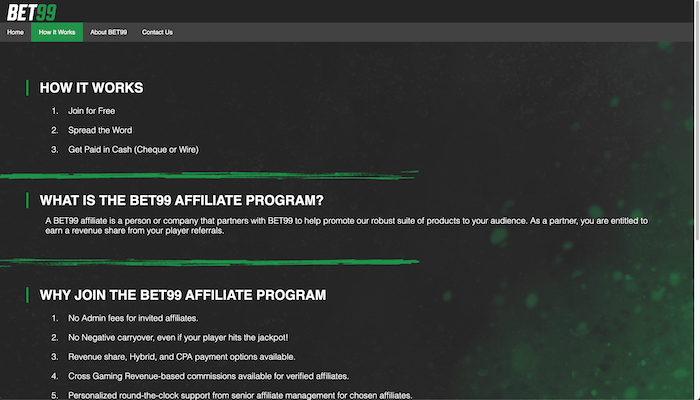 Bet 99 affiliates site screenshot