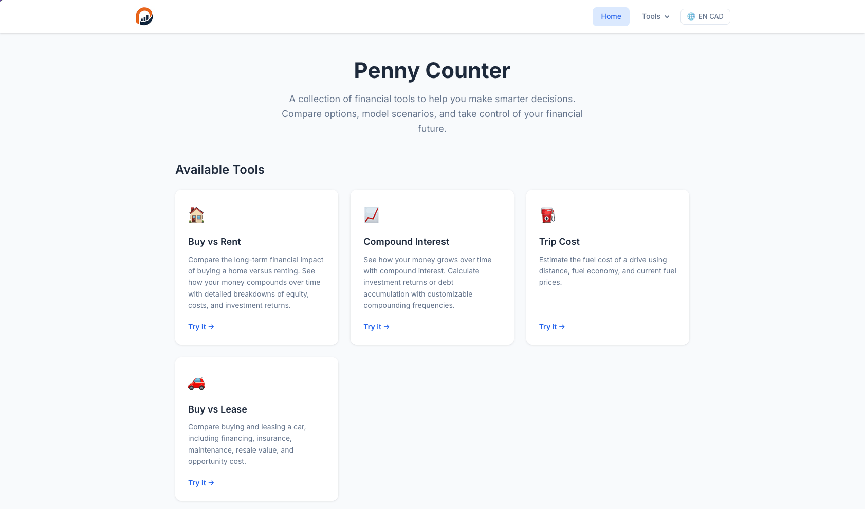Penny Counter financial tools homepage